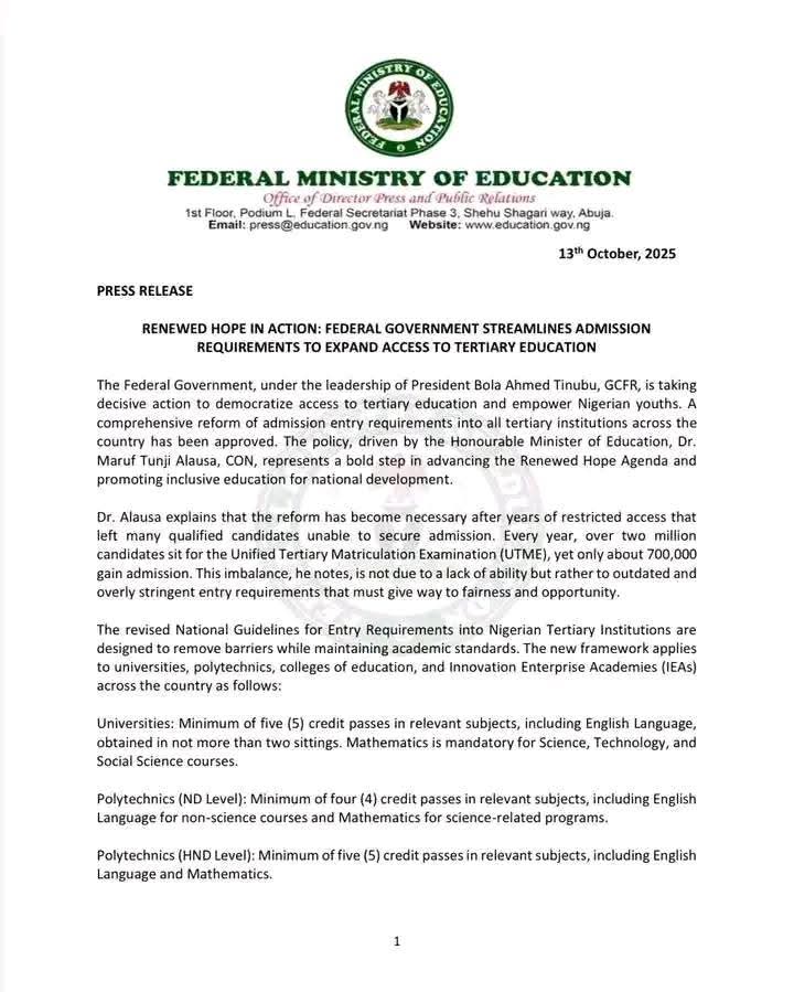 JAMB no longer mandatory for tertiary institutions as FG announces new admission policy