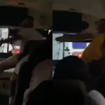 ‘Por andar con tus mie*’: buseros pelean dentro de unidad tras sufrir colisión