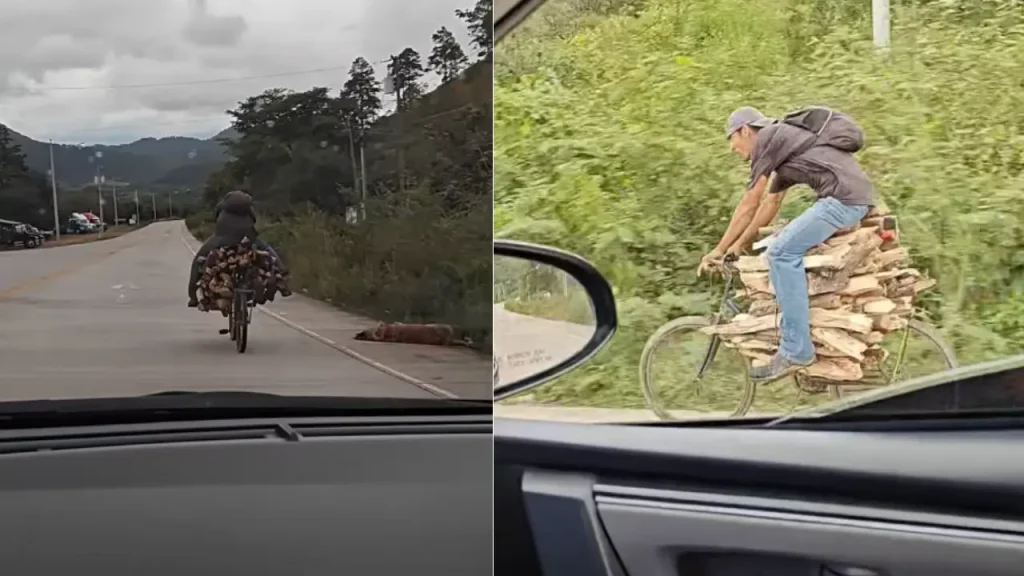 Hondureño circula por carretera sobre leña en bicicleta y se vuelve viral